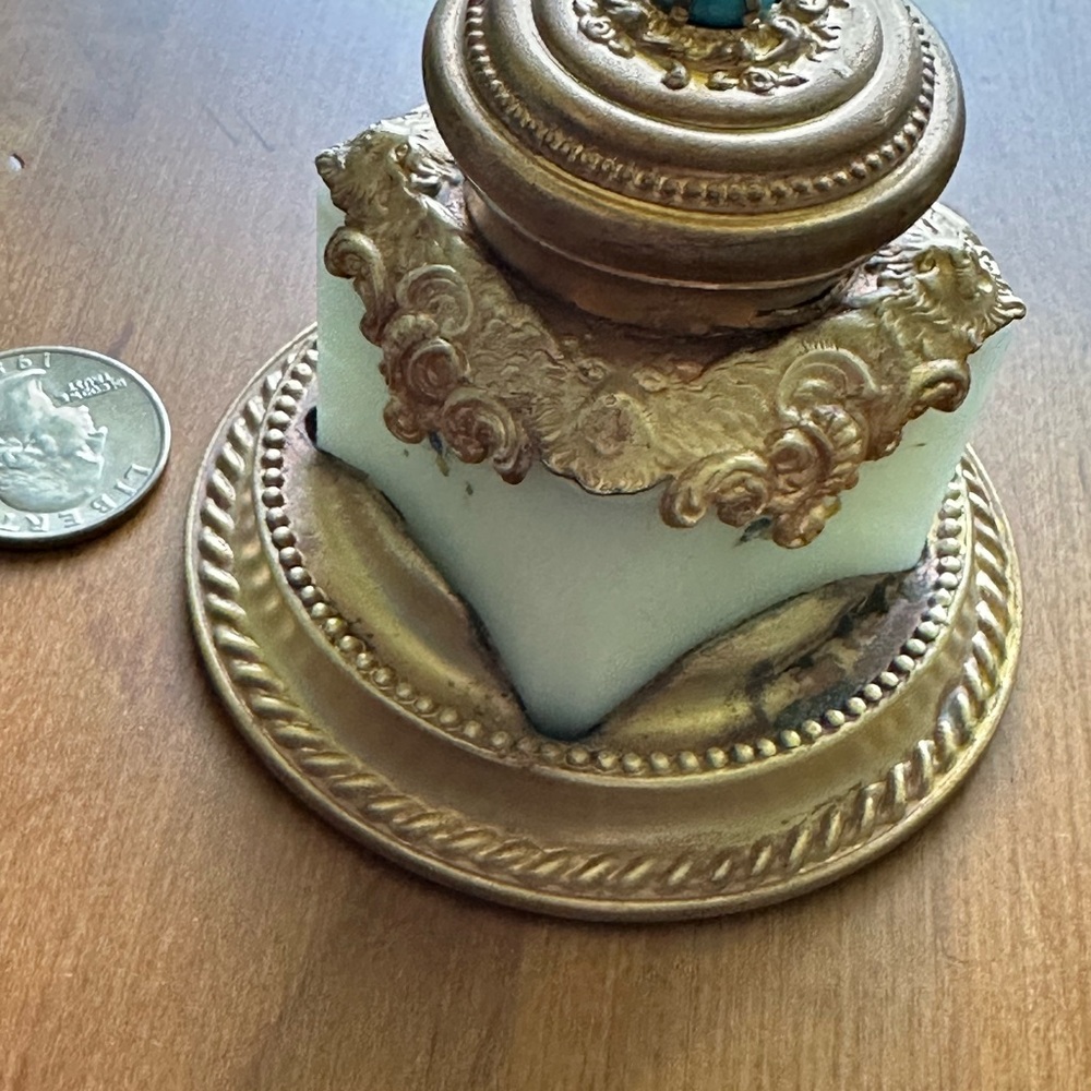 Antique French Opaline Glass And Brass Inkwell w/Jeweled Top - Picture 6 of 10